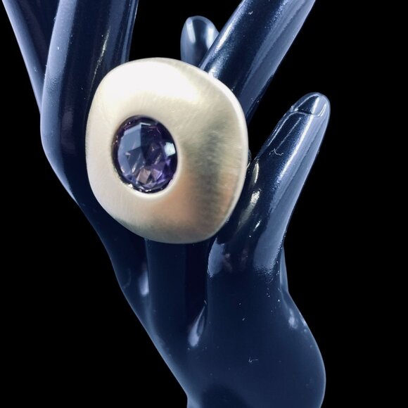 18K Gold Plated Statement Ring Purple Crystal Bold Cocktail Retro Modern Chic - Picture 3 of 8